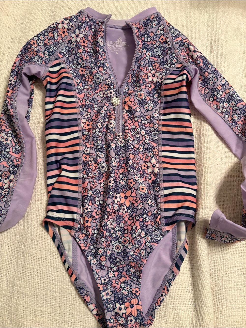 UV SKINz Girl’s Floral & Stripe Long Sleeve One-Piece Swimsuit size 6